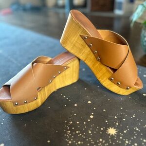 Charles David Wedges Brown Leather Wooden Sandals Like New size 9